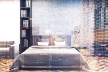 Beyaz ve beton yatak odası iç tonda