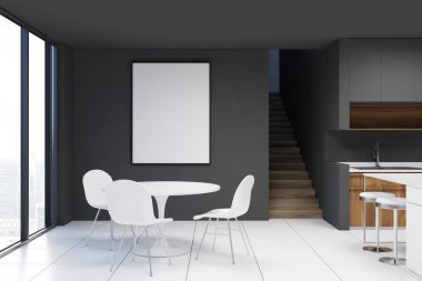 Posteri ile koyu gri yemek odası