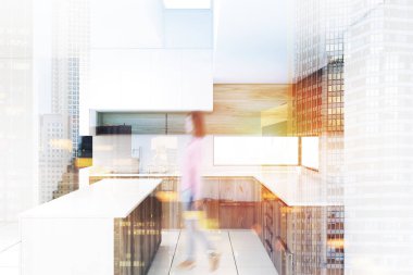 Beyaz mutfak iç, ahşap mutfak tezgahı tonda