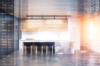 Beyaz, gri ve ahşap mutfak tonda