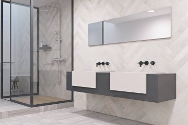 Gri ve beyaz çift lavabo banyo yan