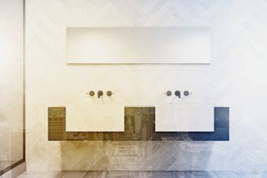 Tonda gri ve beyaz çift lavabo banyo