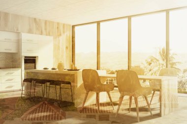 Bir panoramik pencere ve fırın ile gri mutfak