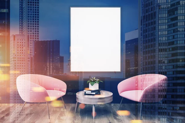 Empty blue room, pink armchairs, poster toned — Stock Photo, Image