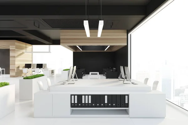Wooden open space office, a black ceiling — Stock Photo, Image