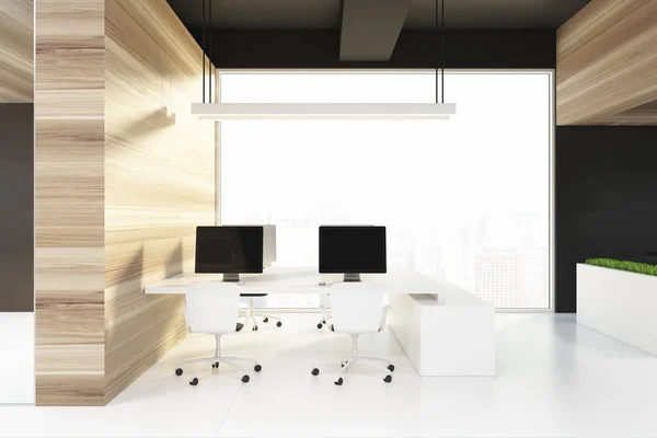 Black ceiling office interior, computer screens — Stock Photo, Image