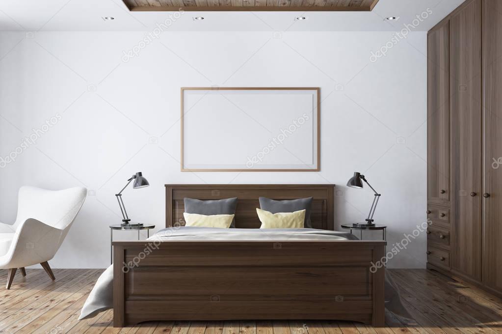 White bedroom interior with poster