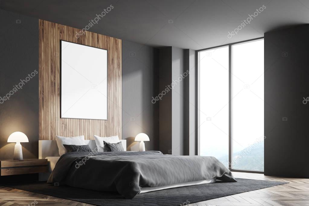 Gray and wooden bedroom, vertical poster