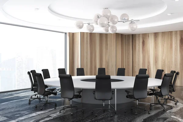 Panoramic wooden meeting room, black chairs