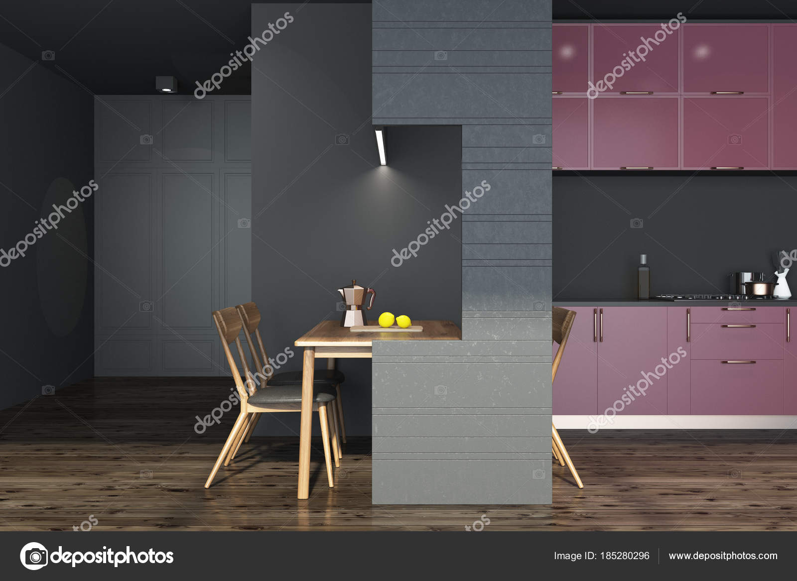 Black Kitchen Red And Black Furniture Close Up Stock