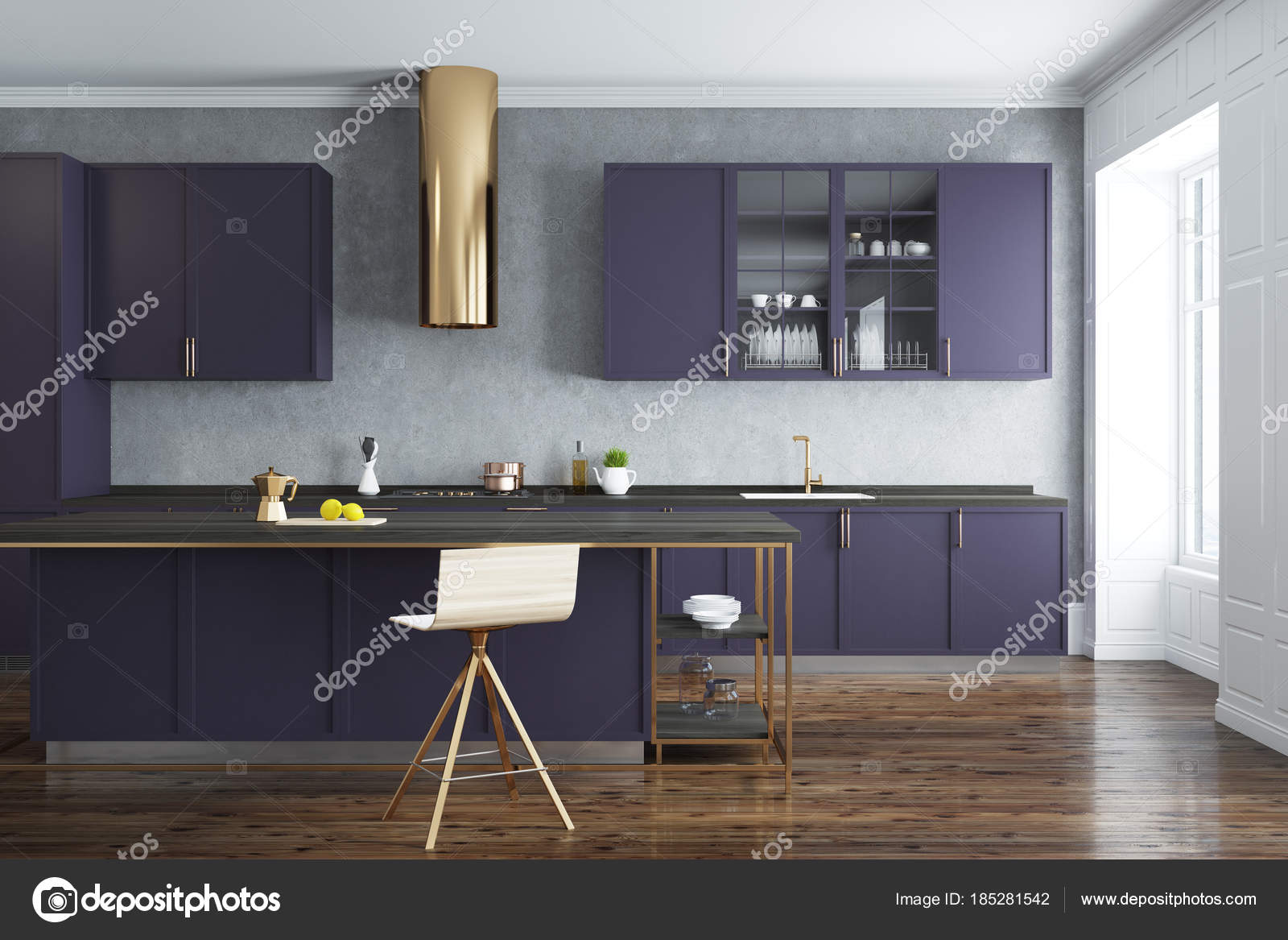 Concrete Wall Kitchen Purple Countertops Stock Photo