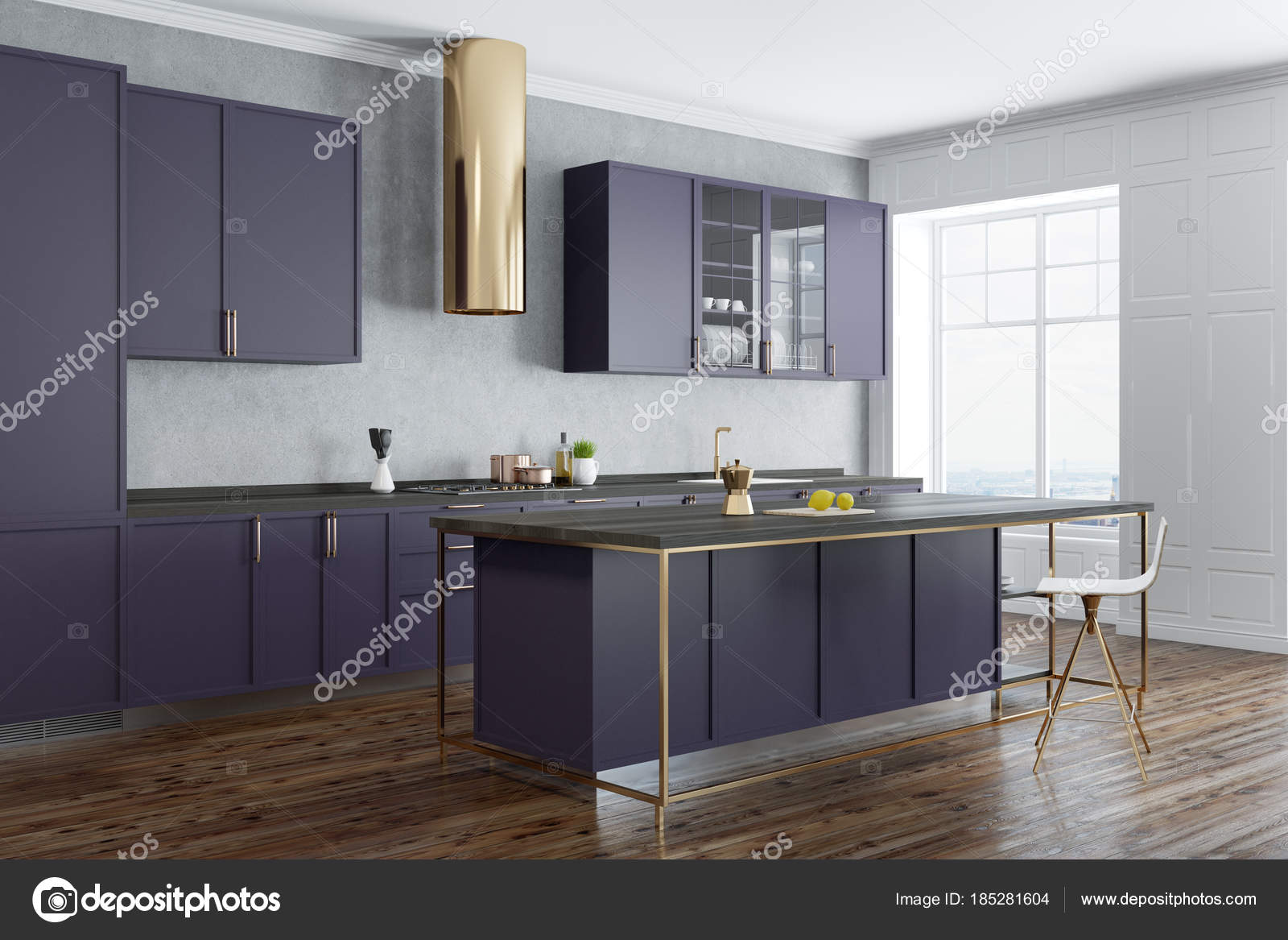 Concrete Wall Kitchen Corner Purple Countertops Stock Photo