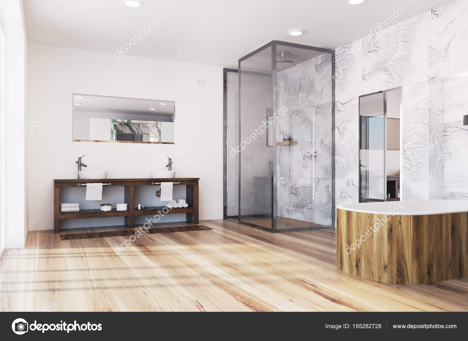 Angolo di bagno moderno con vasca in legno — foto stock ... Bagno moderno con vasca