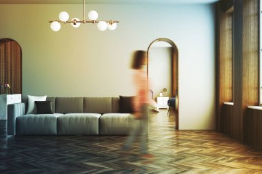 Gri gri oturma odası kanepe, kadın bulanıklık