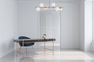 Beyaz ev ofis, koyu mavi koltuk