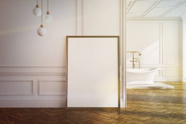 Beyaz duvar banyo, poster tonda duvarının yakınında