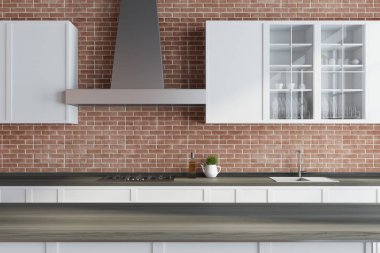 Modern tuğla mutfak, beyaz mutfak tezgahı, ahşap