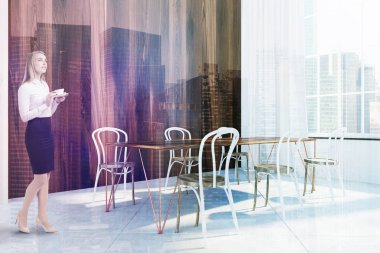 Panoramik ahşap yemek odası köşe, tablo, kadın