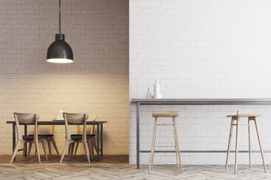 Beyaz tuğla yemek iç, bar tabureleri ile