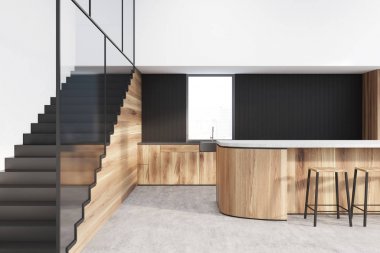 Fonksiyonel beyaz, siyah, ahşap mutfak iç