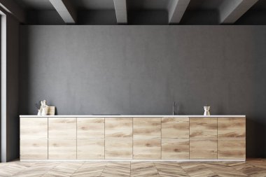 Koyu gri ve ahşap mutfak fikir