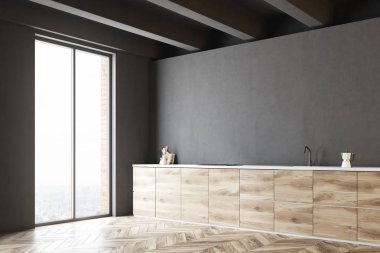 Koyu gri ve ahşap mutfak fikir yan