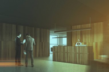 Ahşap ve siyah ofis Resepsiyon yan görünüm tonda