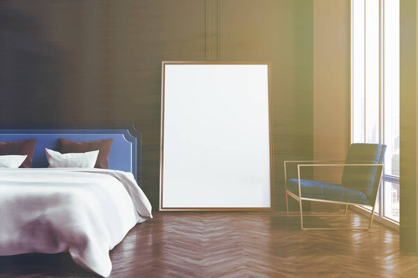 Black panoramic bedroom interior, poster toned