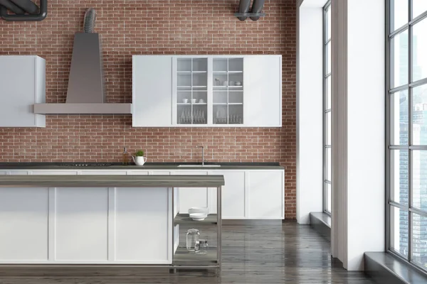 Backsteinküche, weiße Arbeitsplatten aus nächster Nähe — Stockfoto