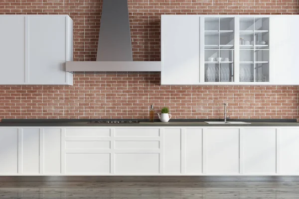 Modern brick kitchen, white countertops
