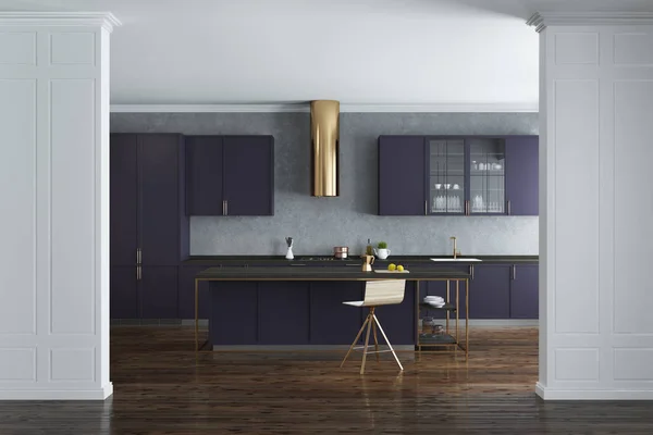 Біла і бетонна кухня, фіолетові стільниці — стокове фото
