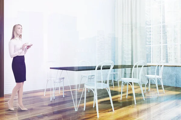 Panoramic white dining room corner, table, woman — Stock Photo, Image