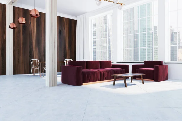 Escandinavo estilo sala de estar esquina, sofá rojo — Foto de Stock