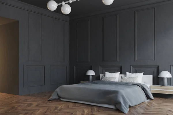 Elegante dormitorio principal interior, lado negro —  Fotos de Stock
