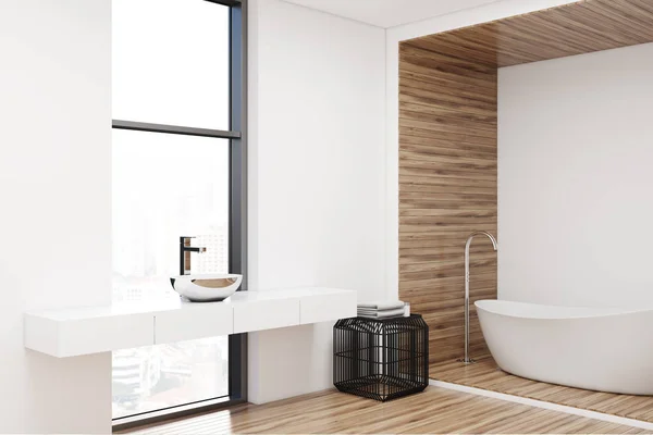 Angolo di un bagno bianco e in legno — Foto Stock