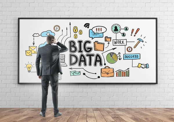 Vista posteriore uomo d'affari graffiare testa, big data — Foto Stock