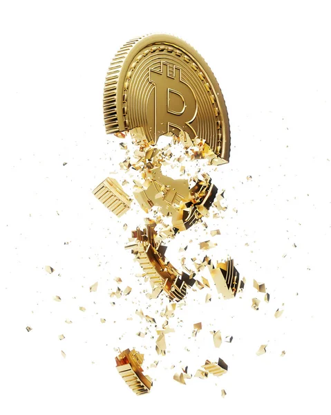 Bitcoin colapso, fondo blanco, vista lateral —  Fotos de Stock