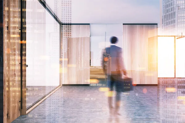 Glass and wooden loft office lobby, man — Stock Photo, Image