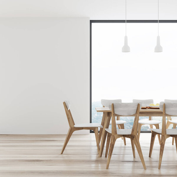 White dining table with design chairs, panoramic