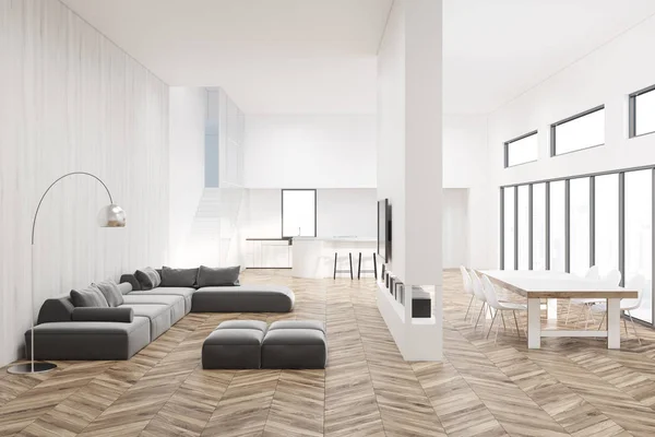 Sala de estar branca com piso de madeira — Fotografia de Stock