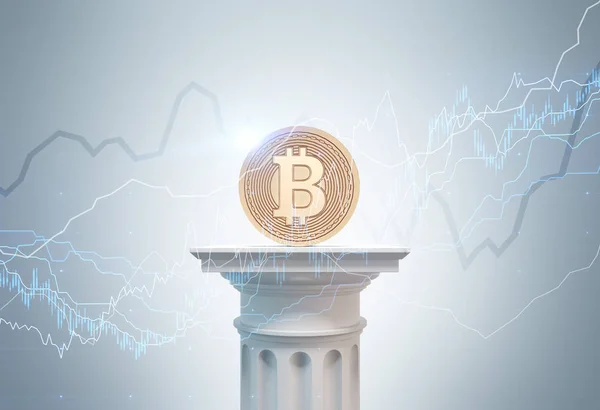 Bitcoin on a column, graphs, gray — Stock Photo, Image