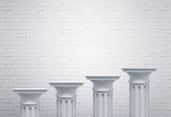 Greek columns, white brick wall