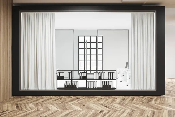 Escritório de espaço aberto branco e vidro, piso de madeira — Fotografia de Stock