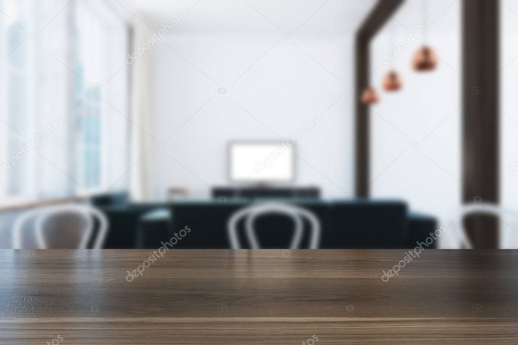 Panoramic white living room, TV blur