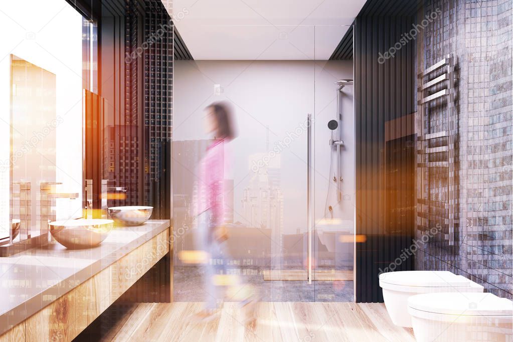 Gray and concrete bathroom interior, a shower blur