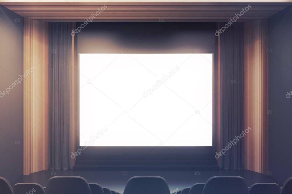 Cinema interior, black chairs, screen toned