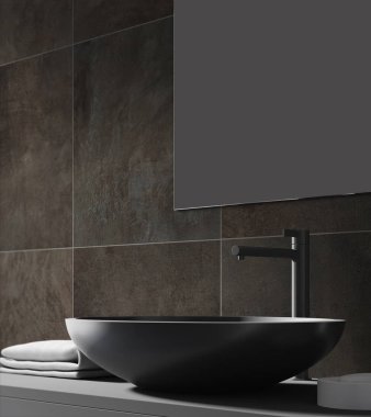 Karanlık döşenmiş banyo iç, bir lavabo yakın çekim