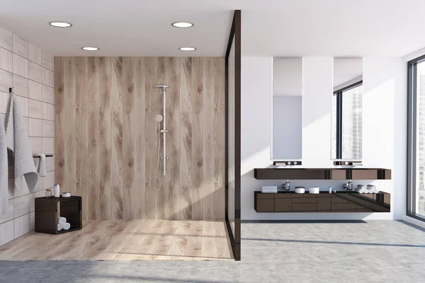 Светлая деревянная ванная комната, душевая кабина, раковина — стоковое фото