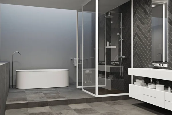 Ecke eines grauen Badezimmers mit Fliesenboden — Stockfoto