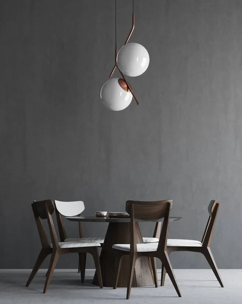 Серый и деревянный минималистичный интерьер столовой — стоковое фото